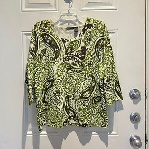 Yarns & Stitches Vintage Paisley Print Jewels Green White Brown Cardigan Size XL